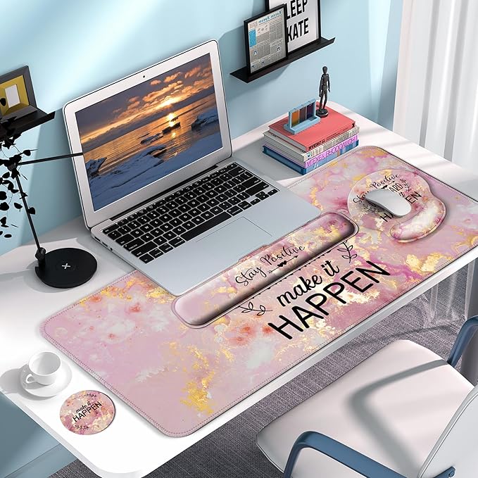 Desk Mat Set + Keyboard and Mouse Pad with Wrist Rest Support,4-in-1 Large Mousepad Computer Mats for Desktop Home & Office-Pink Positive