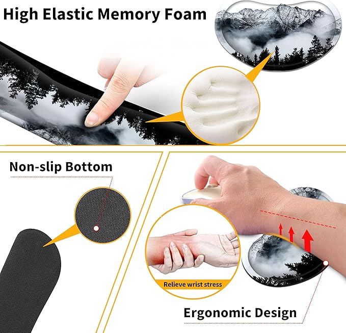 Large Gaming Mouse Pad Set 35.4 x 15.7 with Keyboard Wrist Rest, Wrist Support, and Coaster Memory Foam Smooth Desk Pad Mousepad for Home Office School - Mountain Forest