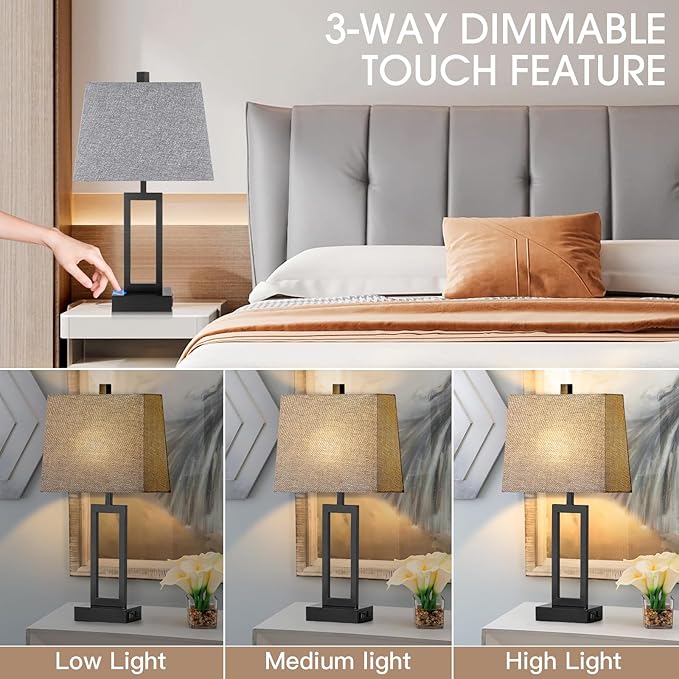 Rinweey 23.5" Touch Control Table Lamps Set of 2, Modern Bedside Lamps with USB A+C Ports & AC Outlet, 3 Way Dimmable Contemporary Nightstand Lamps for Bedroom Living Room Gray(LED Bulb Included)