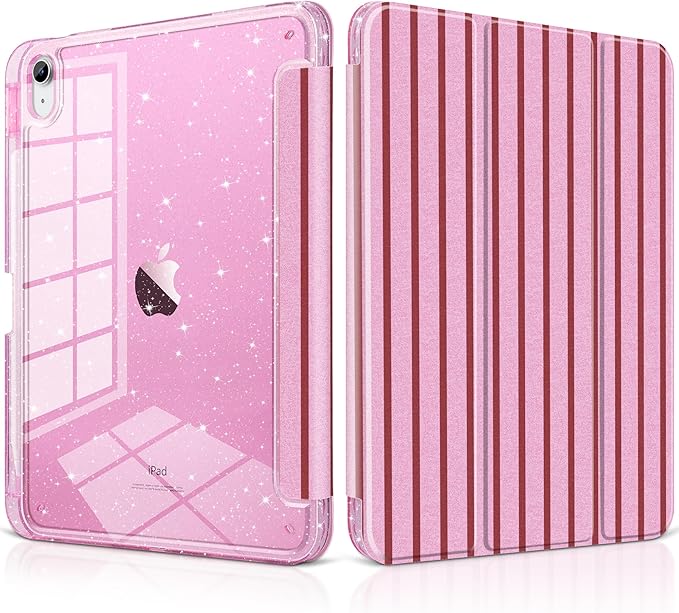 DONGKE for iPad Pro 11 inch Case – Fits M5 2025 / M4 2024, Shockproof Sparkling Glitter Acrylic Back, Pencil Holder, Trifold Stand, Auto Sleep/Wake & Touch ID Support - Pink Stripes