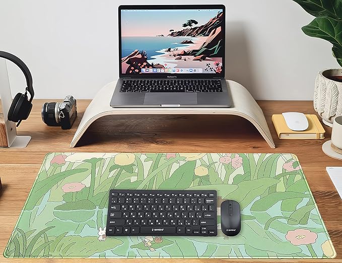 Kawaii Green Desk Mat Cute Mouse Pad Japanese, Flowers and Plants Keyboard Mat, Anime Aesthetics Large Mousepad XXL Gaming Desk Pad XL Office Home Decor for Women Girls Keyboard Pad 31.5"x15.75"