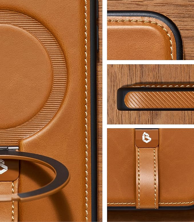 Butaiga for iPhone 17 Pro Max Leather Case with Stand, Anti-Slip Grip Ring, Fits for MagSafe (Brown, iPhone 17 Pro Max)