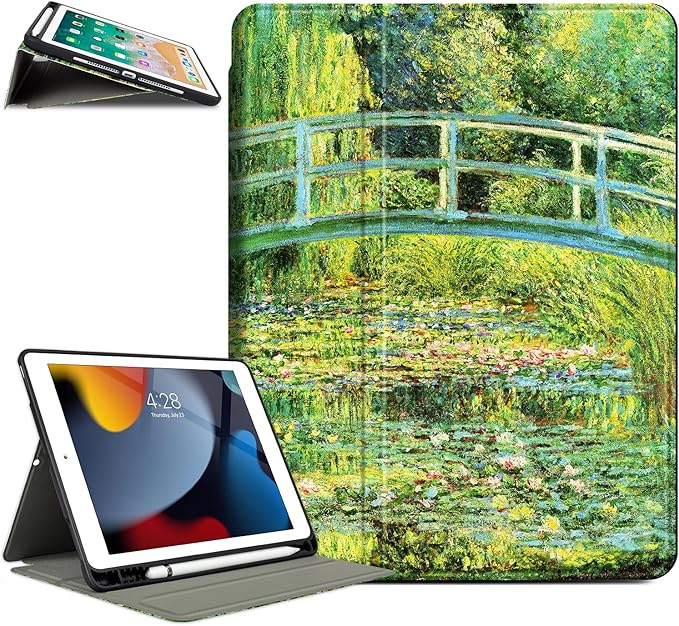 for iPad Air 2/1 Case 2014/2013, for iPad 5Th/6Th Generation Case 2017/2018, Slim fit iPad Cases 5th/6Th Generation 9.7-inch, 4 Viewing Angles & Typing Stand & Pencil Holder, Water Lilies