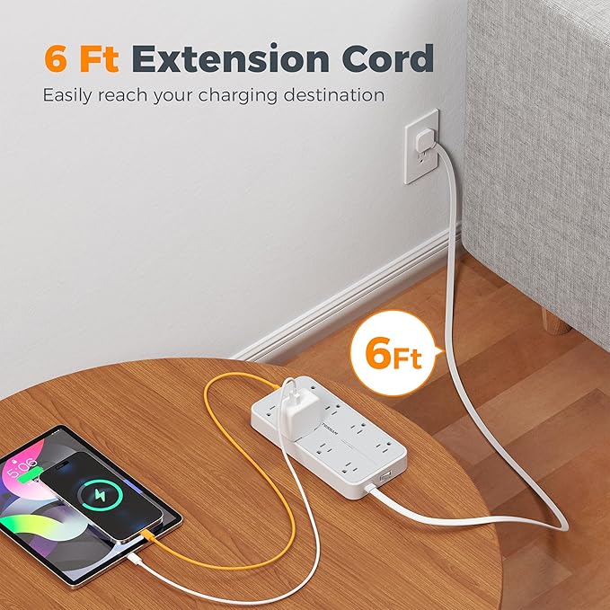 TESSAN Power Strip Surge Protector, 6FT Flat Plug Extension Cord with 8 Outlets 3 USB Charger(1 USB C), 1080 Joules Protection, 1875W 15A, Wall Mountable Charging Station for Home Office Dorm, Gray