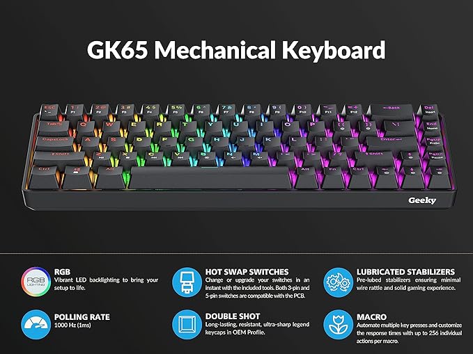 Geeky GK65 65% | Hot Swappable Mechanical Gaming Keyboard | 68 Keys Multi Color RGB LED Backlit for PC/Mac Gamer | ANSI US American Layout (Black, Mechanical Blue)