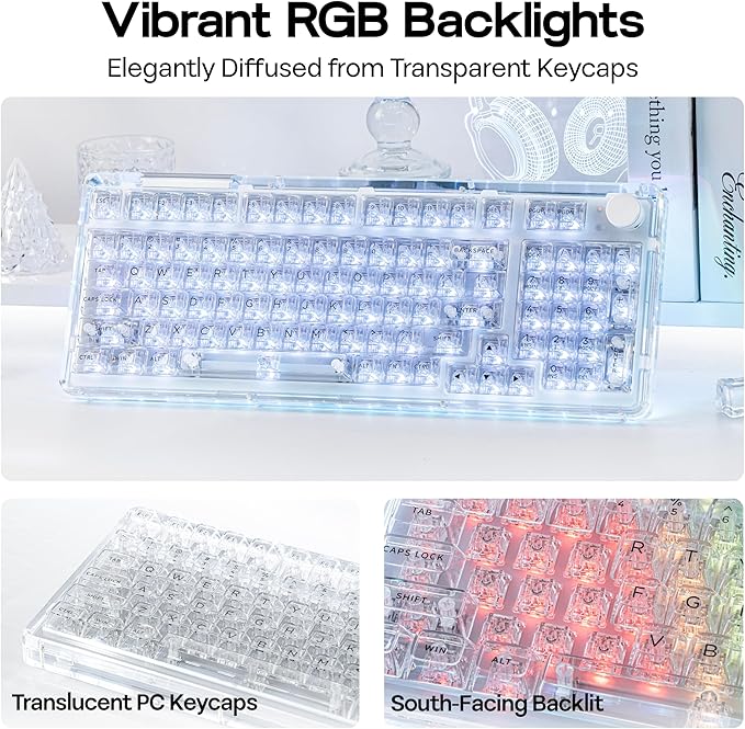 KiiBoom Phantom 98 Crystal Mechanical Gaming Keyboard, Transparent Keyboard with RGB Backlits, Hot-Swappable, Shine Through Clear Keycaps, 3 Modes Wireless, 8000mAh Battery, NKRO for Win/Mac (Clear)