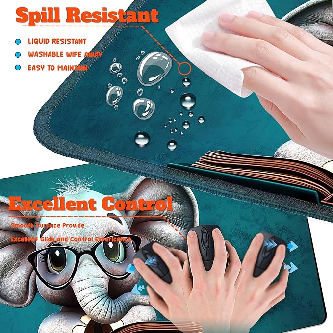 4-Piece Extended Large Mouse Pad Set for Women Men with Elephant Design Includes 35.4 x 15.7 XXL Large Mouse Pad Keyboard Wrist Rest Mouse Wrist Support and Coaster for Office Home