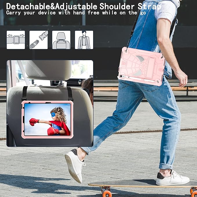 Dteck for iPad Air (3rd Generation) 2019/iPad Pro (2017 Release) Hard Shell Case 10.5" with Kickstand, Shoulder Strap/Screen Protector Film/Stylus Included, Shockproof Cute Spider Kid's Cover, Pink