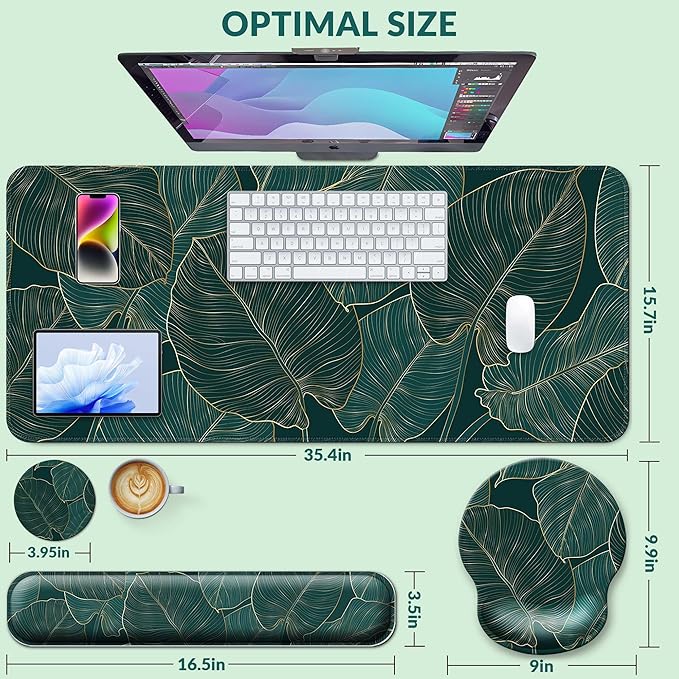 Desk Mat Set + Keyboard and Mouse Pad with Wrist Rest Support,4-in-1 Large Mousepad Computer Mats for Desktop Home & Office-Green Leaves