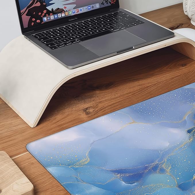 Large Blue Marble Pattern Mouse Pad, Non-Slip Rubber Base, 35.4 x 15.7 Inches, Office and Home Desk Accessory
