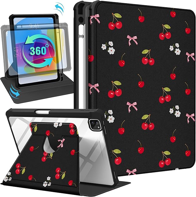Uppuppy for iPad Air 11 inch Case(Air M4 2026, 8th Gen/M3 2025/M2)/Air 5th/4th Gen 10.9", for iPad Pro 11 inch Case(4th/3rd/2nd/1st Gen) - 360 Rotating Smart Folio Cover with Pencil Holder, Cherry