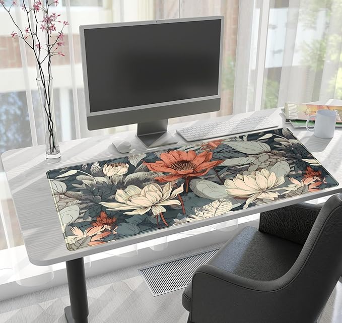 Vintage Floral Desk Mat XXL Large Gaming Mouse Pad Extended Desk Pad, Tropical Plants Laptop Keyboard Mouse Mat with Stitched Edges 31.5x15.75 in, Computer Mat Mousepad for desk Decor Office Gift
