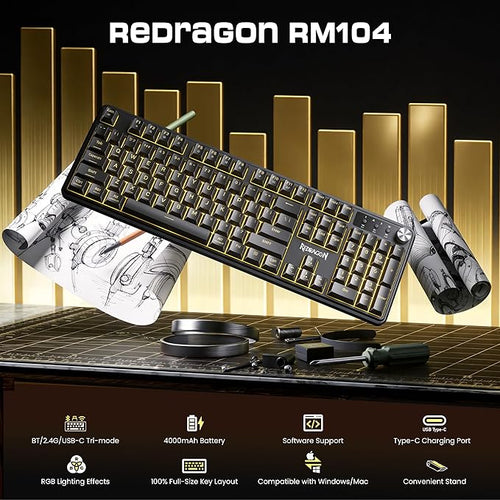 Redragon RM104 Wireless Gaming Keyboard with Knob, Tri-Mode BT/2.4G/USB-C RGB Computer Keyboards, 4000mAh Battery, Programmable Software Support, Anti-Ghosting, Compatible with PC Mac
