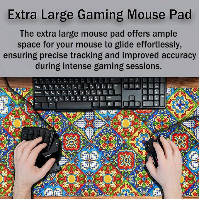 Extra Large Mouse Pads Gold Pad for Mouse Gaming Mousepad Computer Mat Large Mouse Mat Non-Slip Rubber Base 35.4 X 15.7 for Game Office, Mexican Talavera Ceramic Tile Pattern