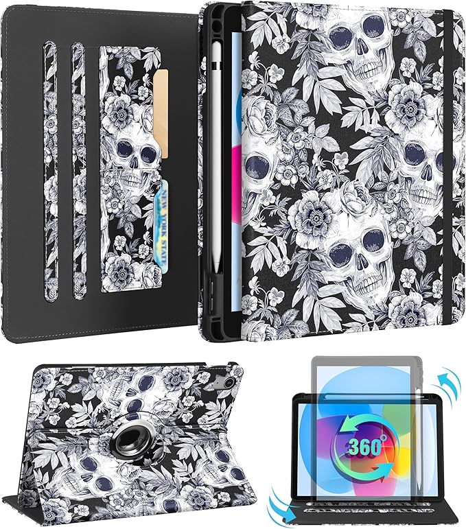 Kidcube for iPad 10th Generation Case 2022, for iPad (A16) Case 11th Generation 2025 - for Women Girls Cute Rotating Stand Folio Cover with Pencil Holder & Card Slot Flowers Goth Skull Design Cases
