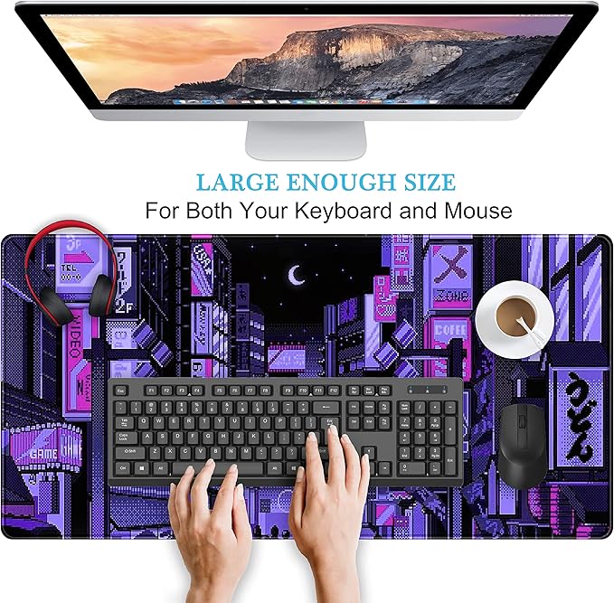 Tokyo Street Desk Pad Purple, Cute Retro Large Gaming Mouse Pad, Japanese Anime Laptop Keyboard Mouse Mat XXL, Aesthetic Neon Pixel Skyline/City Desk Mat, Desk Decor Pads for Women 31.5"x15.75"