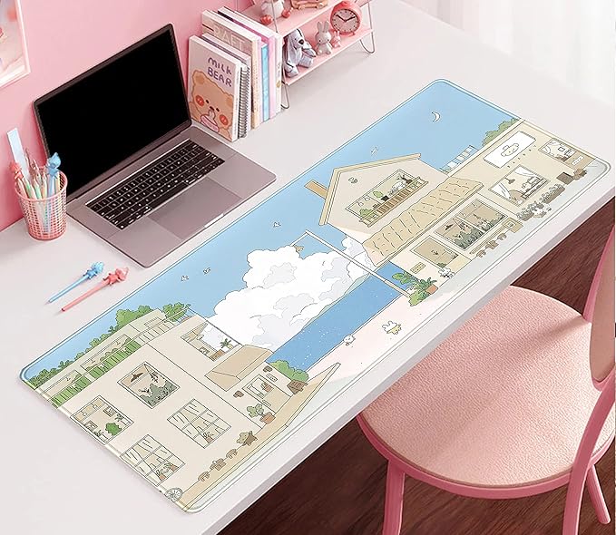 Cute Desk Mat Kawaii Mousepad Japanese Street Mouse Pad, Blue and Brown Cute Anime Keyboard Mat 31.5"x15.75", Large Mouse Pad XXL Gaming Desk Pad XL Office Decor for Women Girls Laptop Keyboard Pad