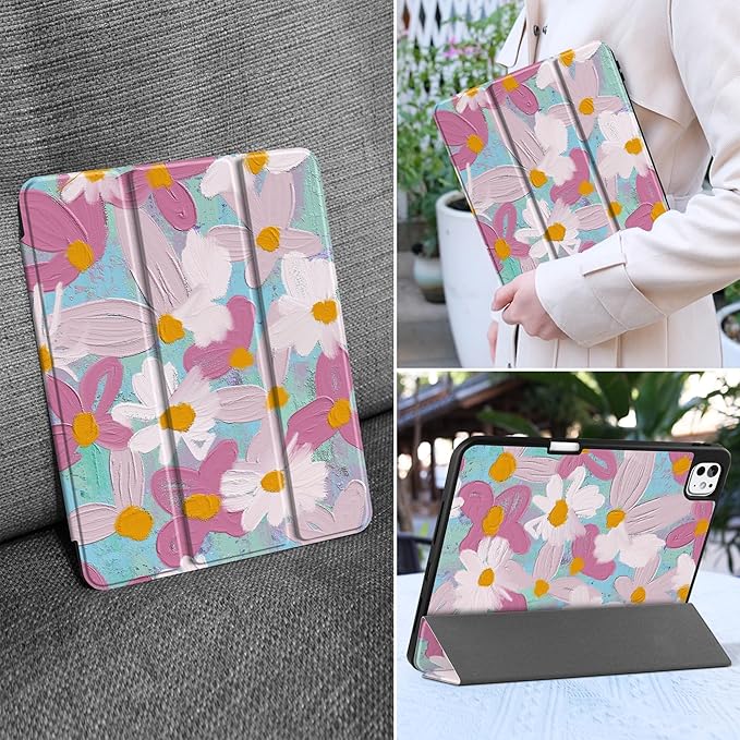 MEEgoodo Case for M5 iPad Pro 11 inch 2025/M4 iPad Pro 11 inch Case 2024, Tablet Cover with Trifold Stand & Pencil Holder & Auto Wake/Sleep & Soft TPU Back Cover, Art Plants Floral