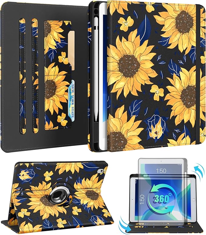 Kidcube for iPad Air 3rd Generation Case/Pro 10.5 Inch Case - Women Girls Kids Cute Rotating Stand Folio Cover with Pencil Holder & Card Slot Kawaii Sunflower Design Cover for iPad Pro 10.5''/Air 3rd