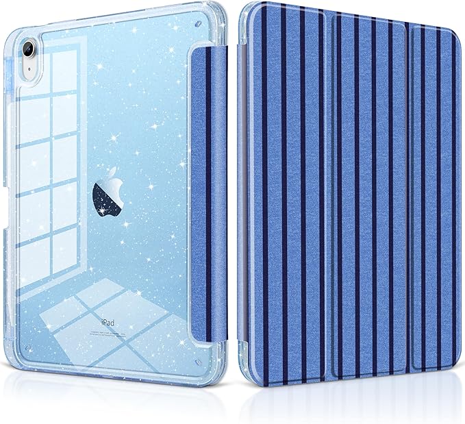 DONGKE for iPad Pro 11 inch Case – Fits M5 2025 / M4 2024, Shockproof Sparkling Glitter Acrylic Back, Pencil Holder, Trifold Stand, Auto Sleep/Wake & Touch ID Support - Dark Blue Stripes