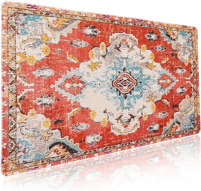Vintage Rug Mouse Pad XXL Red Orange Retro Carpet Aesthetic Extended Table Mat 90X40 cm Non-Slip Rubber Base Stitched Edge Large Mousepad for Gaming Laptop Computer Desk Top 35.4×15.7 Inch