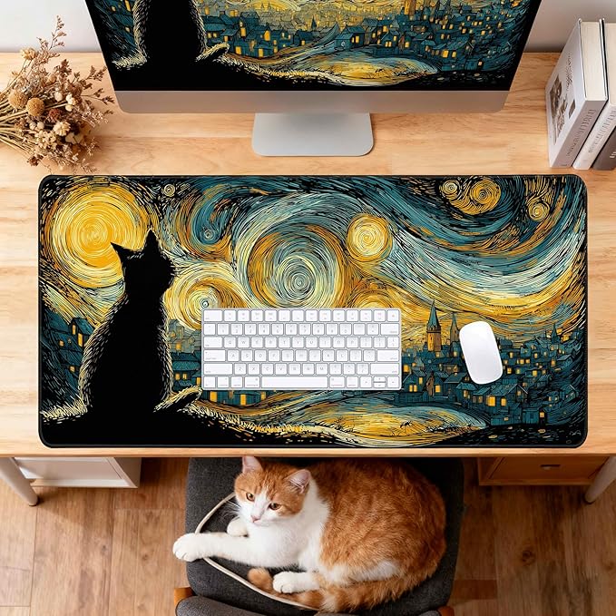 Desk Cover Mat, Extended Large Anime Mouse Pad, Computer Laptop Mat Desk Decor for Office Game Home 31.5 X 15.7 Inch (Starry Night Cat)