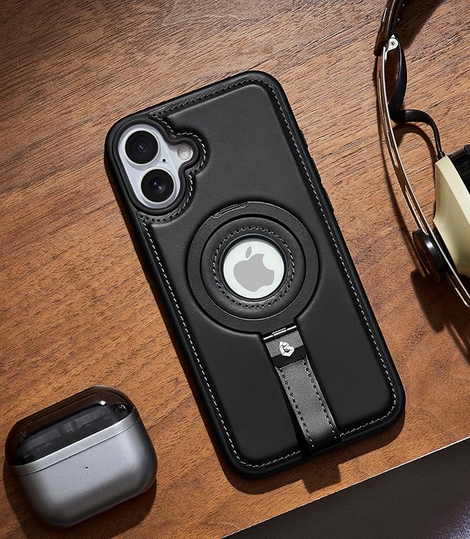 Butaiga for iPhone 16 Plus Leather Case with Stand, Anti-Slip Grip Ring, Fits for MagSafe (Black, iPhone 16 Plus)