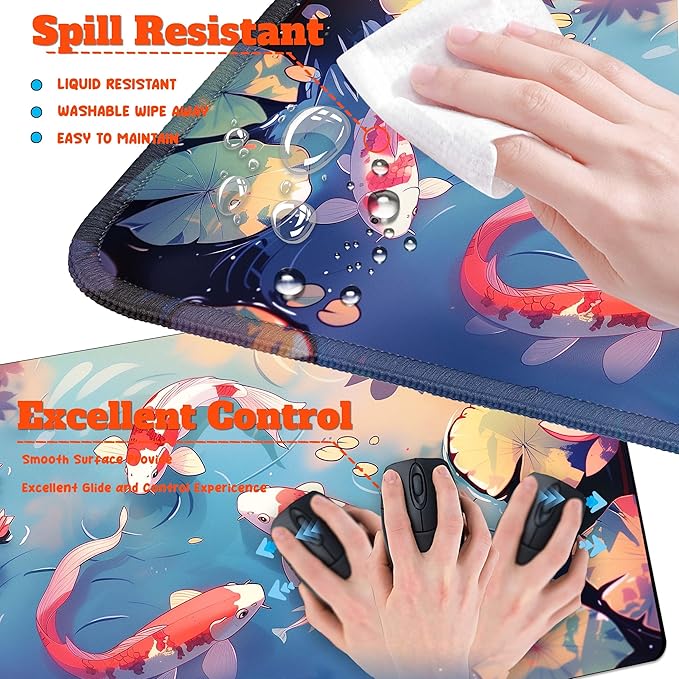 4-Piece Extended Large Mouse Pad Set for Women Men with Colorful Koi Design Includes 35.4 x 15.7 XXL Large Mouse Pad Keyboard Wrist Rest Mouse Wrist Support and Coaster for Office Home