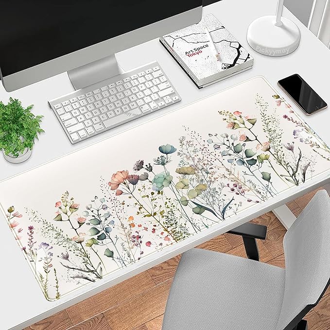 Floral Desk Mat Beige Boho Desk Pad, Large Extend Mouse Pad XXL, Cute Minimalist Flowers Keyboard Mat, Esthetics Desktop Mat Laptop Wireless Mouse Mat for Desk, Gift for Women 31.5"x15.75"