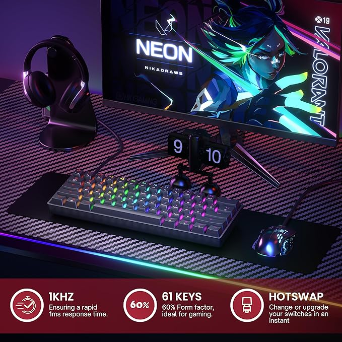 GK61 Mechanical Gaming Keyboard - 61 Keys Multi Color RGB Illuminated LED Backlit Wired Programmable for PC/Mac Gamer (Gateron Optical Silver, Black)