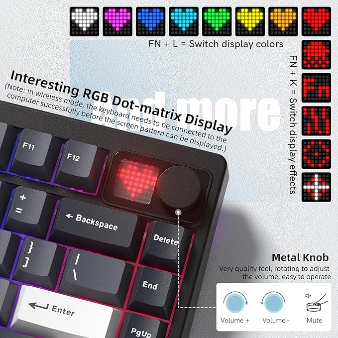 Womier 75% Wireless Mechanical Gaming Keyboard with Knob & Display, Bluetooth 5.0/2.4GHz/USB C Thocky Creamy Keyboard for PC Computer, 8000mAh Battery Hot Swappable Key Board for Win/Mac (MT75-Grey)
