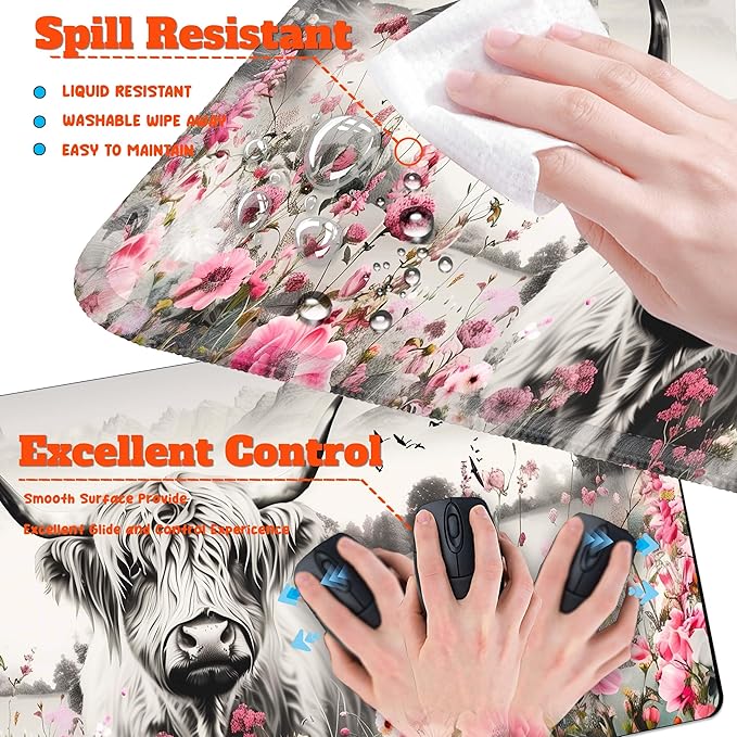 4-Piece Extended Large Mouse Pad Set for Women Men with Highland Cow Design Includes 35.4 x 15.7 XXL Large Mouse Pad Keyboard Wrist Rest Mouse Wrist Support and Coaster for Office Home
