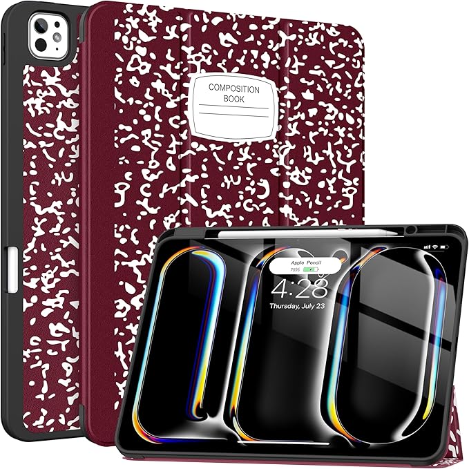 Soke Case for New iPad Pro 13 Inch (M5/M4, 2025/2024 Release), with Pencil Holder Trifold Stand Shockproof [Support Apple Pencil Charging + Auto Wake/Sleep], Soft TPU Back Cover, Book Wine