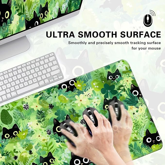 Desk Cover Mat, Extended Large Anime Mouse Pad, Computer Laptop Mat Desk Decor for Office Game Home 31.5 X 15.7 Inch (Green Plant Cat)