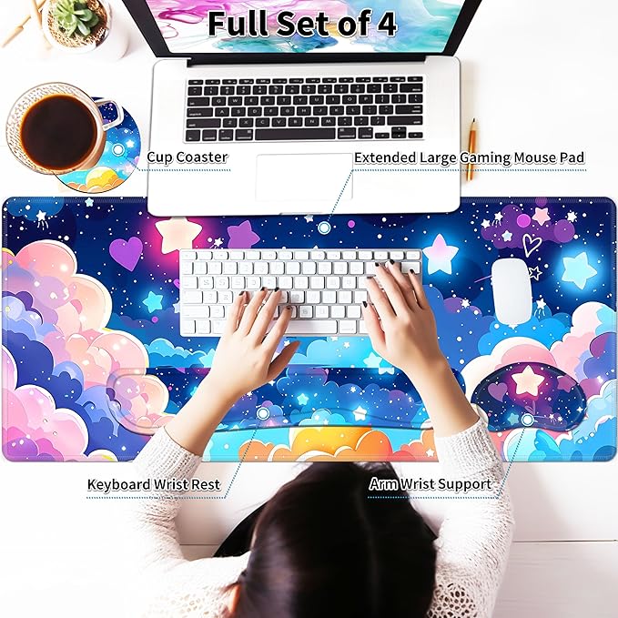 Large Mouse Pad Set 35.4 x 15.7 with Keyboard Wrist Rest, Wrist Support, and Coaster, Waterproof Memory Foam Smooth Desk Pad Mousepad for Home Office School - Pastel Rainbow Star
