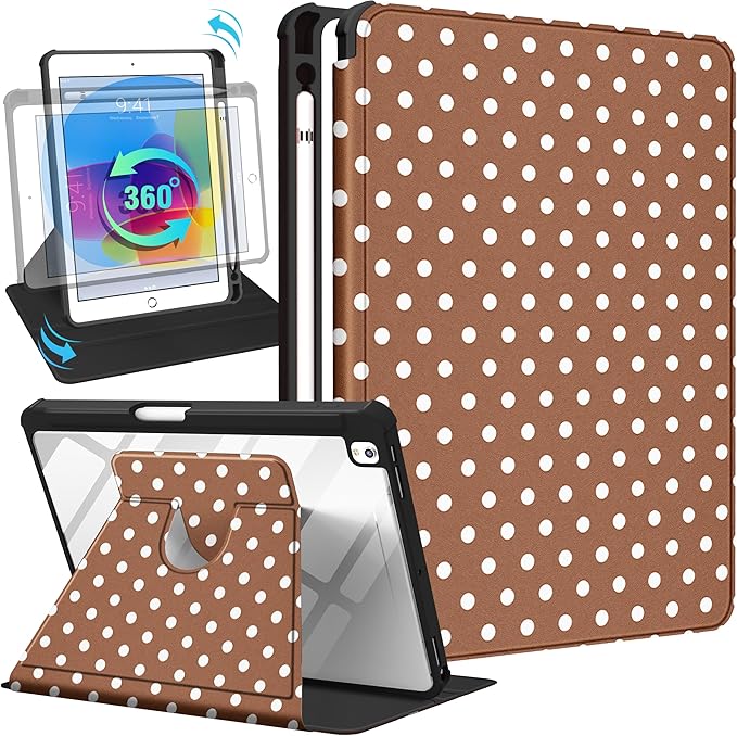 Uppuppy for iPad 9th/8th/7th Generation Case for iPad Air 3rd/ Pro 10.5” Case - 360 Rotating Stand Folio Smart Cover with Pencil Holder for Women, Brown Polka for Apple Tablet 7/8/9 Gen 10.2 inch