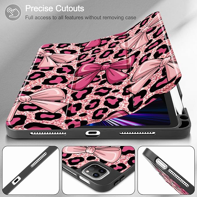 May Chen Case for iPad Pro 11 inch (4th, 3rd, 2nd & 1st Gen) 2022 2021 2020 2018,Trifold Stand with Auto Wake/Sleep Soft TPU Protective Stand Back Cover, Leopard Print Bow