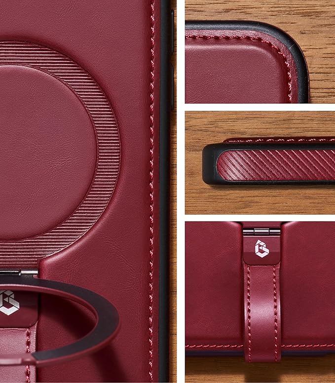 Butaiga for iPhone 17 Pro Leather Case with Stand, Anti-Slip Grip Ring, Fits for MagSafe (Burgundy, iPhone 17 Pro)