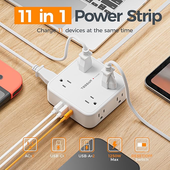 TESSAN Surge Protector Power Strip, 10 Ft Flat Plug Extension Cord with 3 USB (1 USB C) 8 Outlets, 1250W, 900J Protection, 3 Sided Outlet Extender with Power Switch for Office, Dorm Room, White