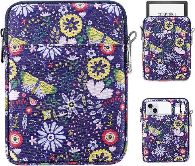 MoKo Padded Ereader Sleeve Case for 6-7 inch Ereader Tablet Bag Protective Cover Pouch with a Carabiner, Compatible with 7" Colorsoft Signature Edition 2024, Colorful Flowers