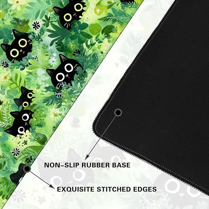 Desk Cover Mat, Extended Large Anime Mouse Pad, Computer Laptop Mat Desk Decor for Office Game Home 31.5 X 15.7 Inch (Green Plant Cat)