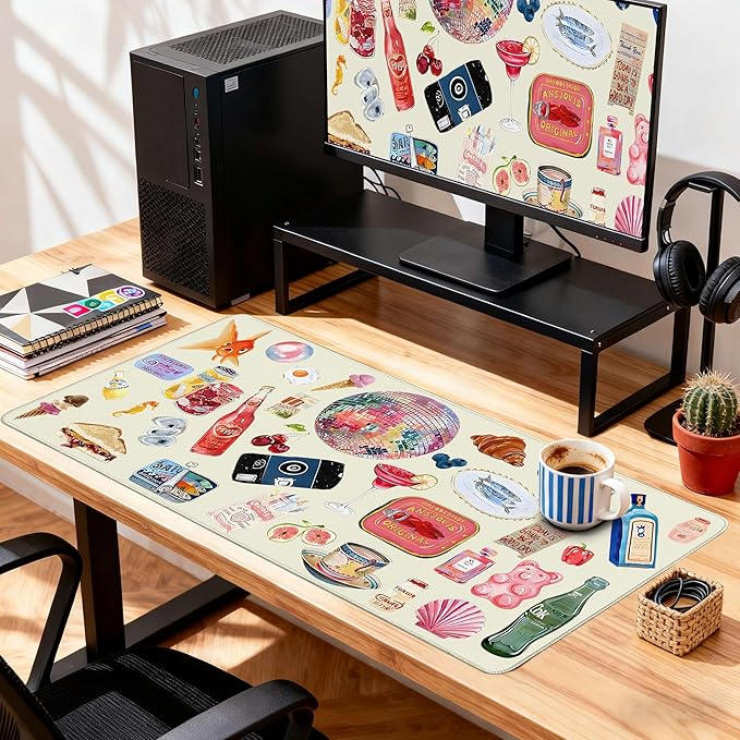 Desk Cover Mat, Large Cute Mouse Pad, Desk Pad Mat Decor for Office Game Home 31.5 X 15.7 Inch (Watercolor Stickers)