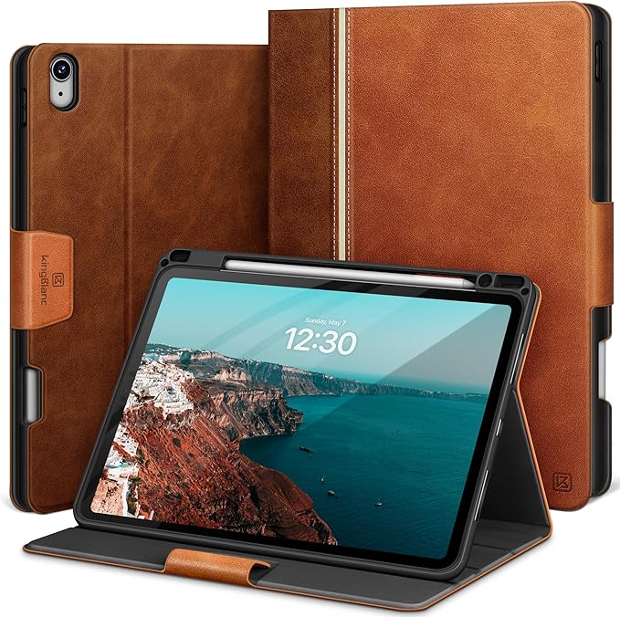 KingBlanc Case for iPad Air 13-inch M4/M3/M2 (2026/2025/2024) with Pencil Holder, Vegan Leather Cover, Auto Wake/Sleep, Multi-Angle Stand for Viewing & Drawing, Pencil Pro & USB-C Compatible, Brown