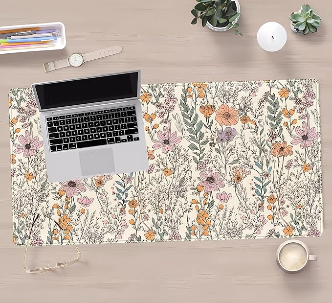 Wild Flowers Gaming Mouse Pad, Floral Cute Keyboard Mouse Mat, Full Desk Protector, Aesthetic Desk Decor 31.5"x15.75"