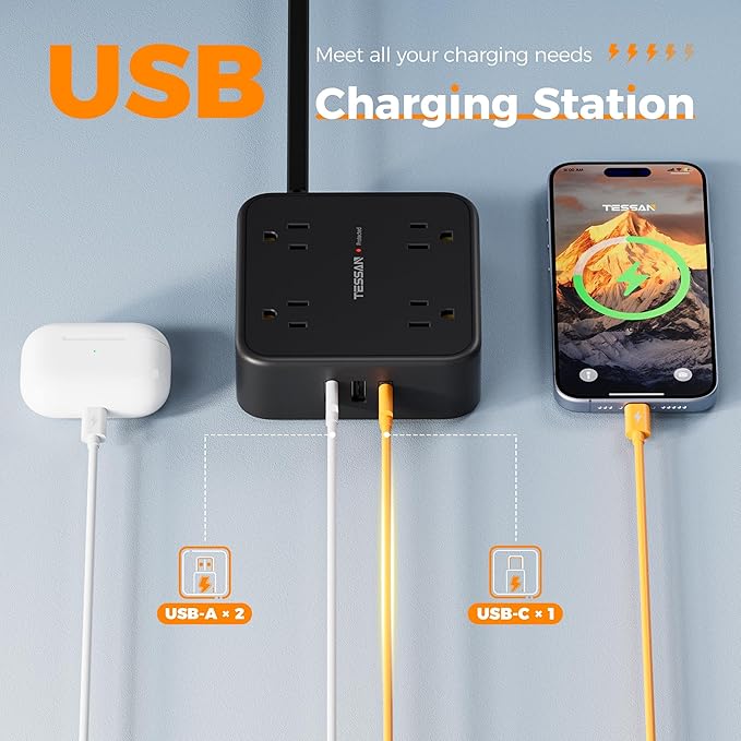 TESSAN Surge Protector Power Strip, 5 Ft Flat Plug Extension Cord with 3 USB (1 USB C) 8 Outlets, 1875W, 900J Protection, 3 Sided Outlet Extender with Power Switch for Office, Dorm Room, Black