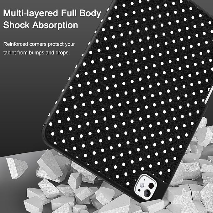 MEEgoodo Case for M5 iPad Pro 11 inch 2025/M4 iPad Pro 11 inch Case 2024, Tablet Cover with Trifold Stand & Pencil Holder & Auto Wake/Sleep & Soft TPU Back Cover, White Polka Dot