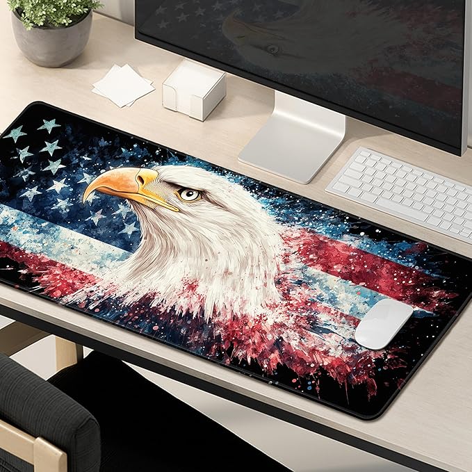 American Flag Eagle Mouse Pad Gaming Desk Pad Independence Day Extra Large XL Mousepad (31.5x11.8 in), Desk Mat Pad Home Office Decor Stitched Edges Smooth Surface Non-Slip Bottom Mat