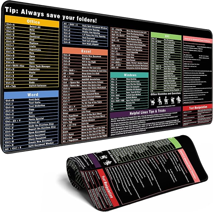 Excel Cheat Sheet Desk Pad Excel Shortcut Keys Mouse Pad Gaming Mouse Pad Desk Accessories Waterproof Non-Slip Large Computer Mat, 31.5x11.8 in (Office Software Shortcut Keys)