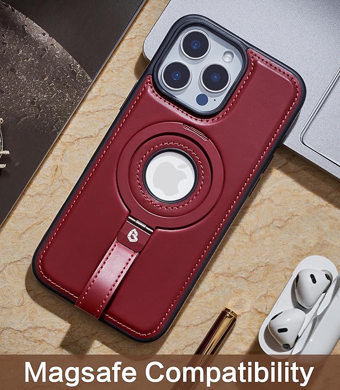 Butaiga for iPhone 13 Pro Max Leather Case with Stand, Anti-Slip Grip Ring, Fits for MagSafe (Burgundy, iPhone 13 Pro Max)