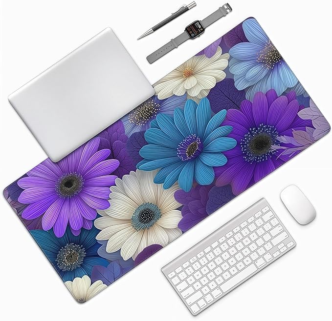 Vibrant Purple Daisy Mouse Pad, Large Desk Mat with Colorful Floral Design, 35.4 x 15.7 Inches, Rubber Base for Office, Gaming, and Laptop